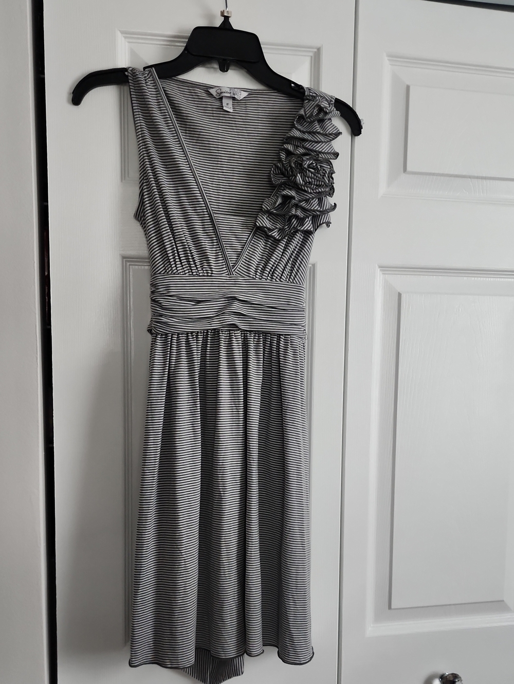 Speechless Charcoal and White Striped Ruffle Dress